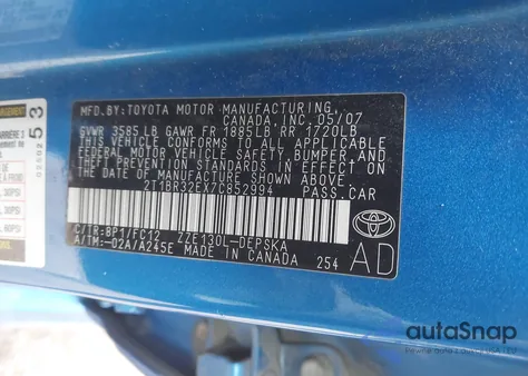 2007 Toyota Corolla S z USA, uszkodzony, nr VIN 2T1BR32EX7C852994